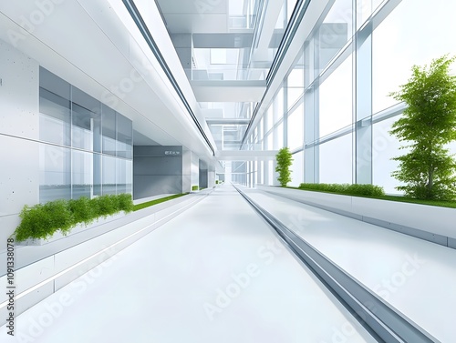 A modern, spacious corridor with glass walls and greenery, emphasizing open design and light.