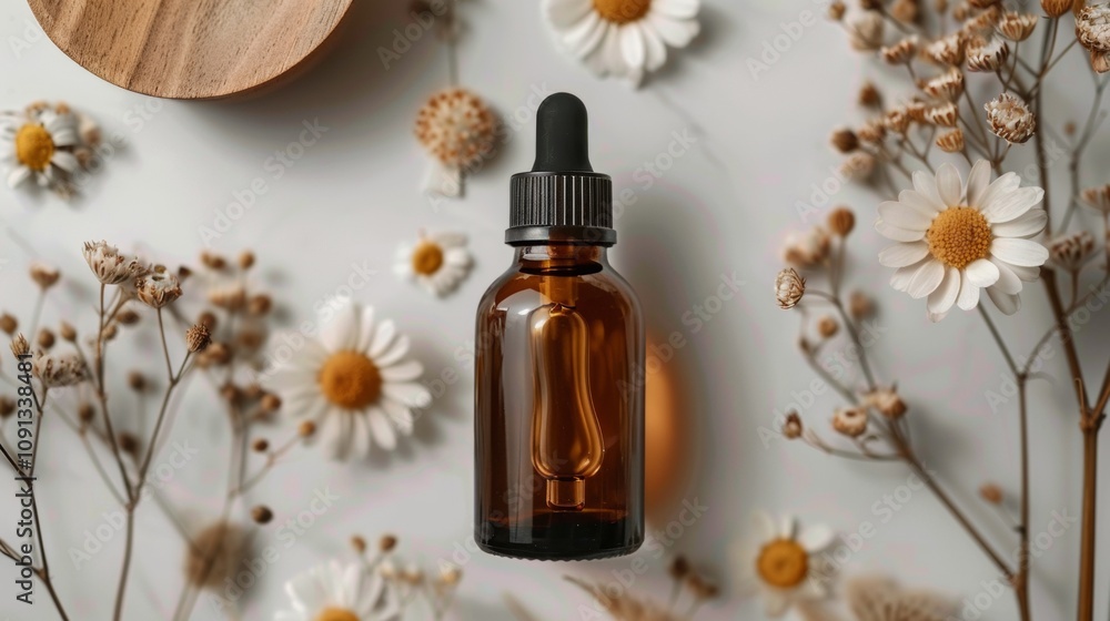 custom made wallpaper toronto digitalBrown glass bottle with dried flowers and chamomile on white background