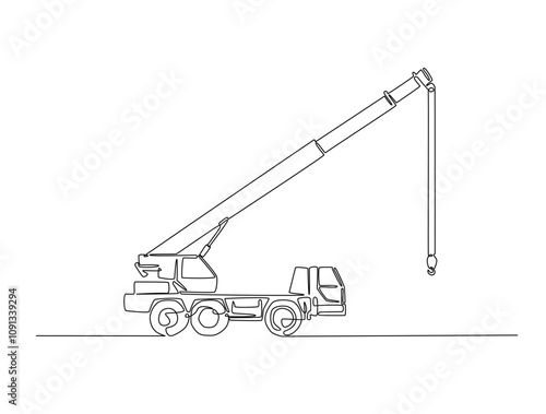 Continuous one line drawing of industrial truck crane. Construction mobile crane in single line vector illustration.