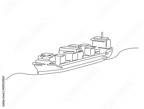 Continuous one line drawing of Container Cargo ship sailing. Cargo ship in single line vector illustration.