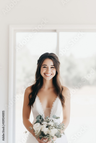 Radiant Bride Holding Bouquet by Sunlit Window in Elegant Wedding Dress