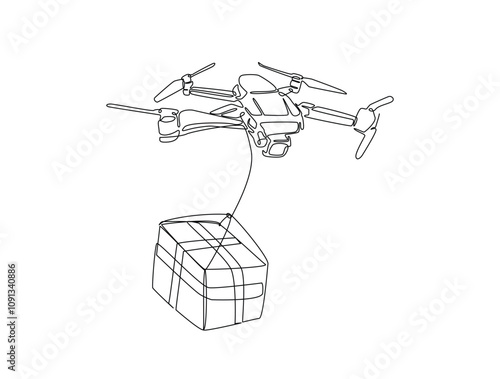 Continuous one line drawing of flying drone delivering box package. Drone shipment in single line art vector illustration. Editable vector.