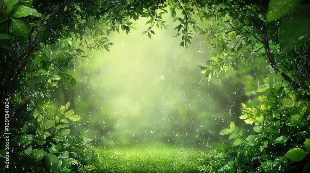 Fototapeta premium Lush green forest with soft lighting and raindrops creating a serene, blurred background, enhancing the tranquil atmosphere of nature.