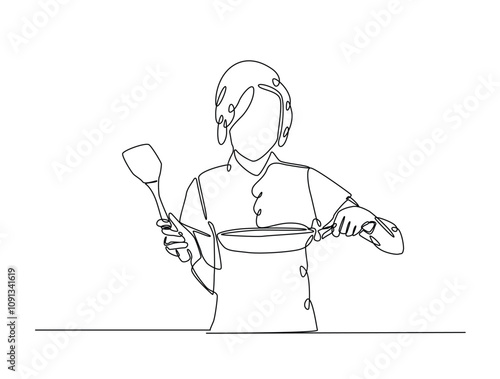 Continuous one line drawing of chef cooking with pan. Professional chef holds pan in single line draw vector illustration. Editable vector.