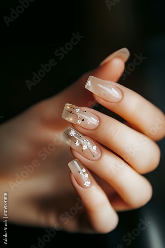 Nude Acrylic Nails with Silver Floral Design and Rhinestones photo