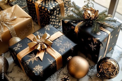 Elegant Christmas Gifts in Black and Gold on Marble Table