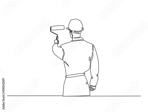 Continuous one line drawing of worker painting with roller brush. Man holding roller paint brush. Editable vector.