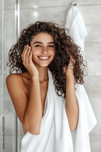 Smiling Woman with Curly Hair in Modern Bathroom Wrapped in White Towel