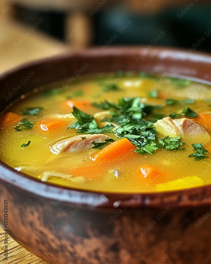 Hearty chicken and vegetable soup with fresh herbs in rustic bowl Hearty chicken and vegetable soup with fresh herbs in rustic bowl