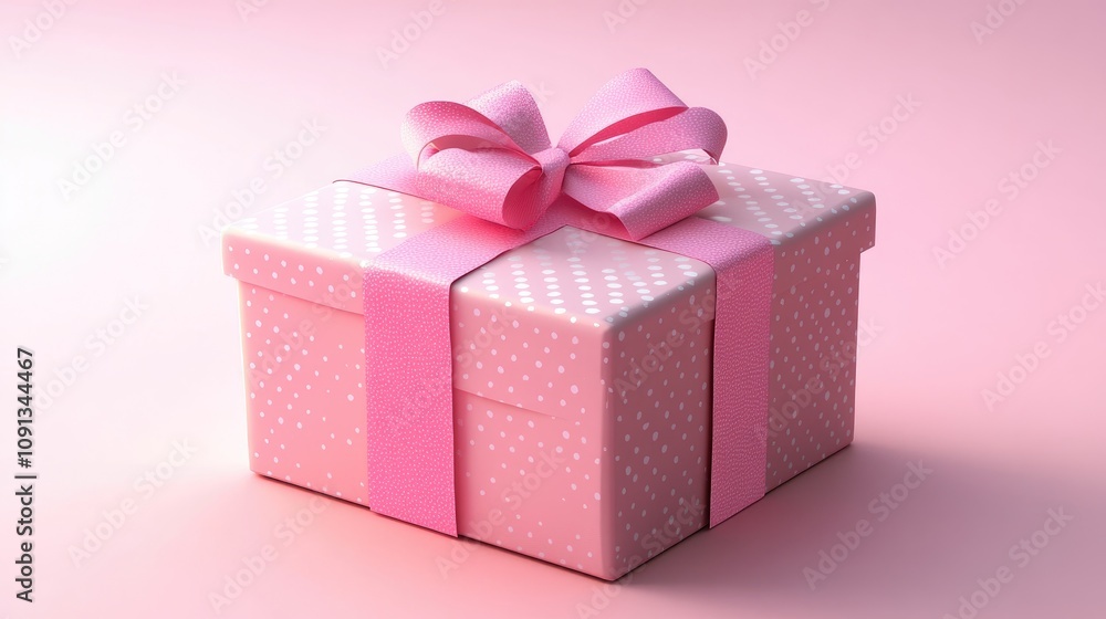 Obraz premium Minimalist pink gift box with polka dot ribbon set against a soft pink backdrop, highlighting delicate details and elegant simplicity.