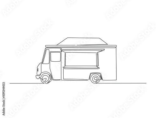 Continuous line drawing art of food truck in the road. Food truck van in single line draw with active stroke.