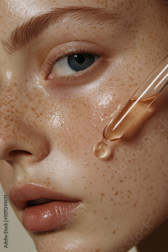 Close-Up of Woman’s Face with Serum Dropper Highlighting Dewy Skin