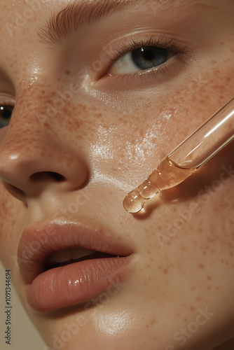 Close-Up of Woman’s Face with Serum Dropper Highlighting Dewy Skin