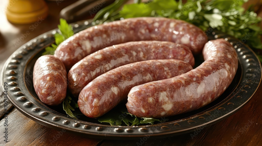 Fototapeta premium Delicious sausages displayed on a decorative platter, surrounded by fresh herbs, perfect for a gourmet meal or culinary presentation.