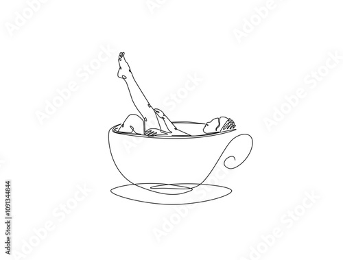 Continuous one line drawing of women taking bath in a coffee cup. Beautiful lady enjoying bathing as drinking caffeine beverage metaphor. Editable vector.