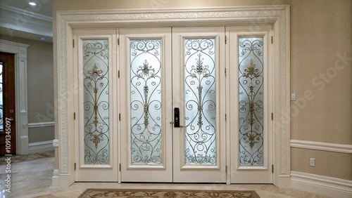 A stunning white double door with intricate etched glass panels, decorative door, interior design, luxurious feel, white glass, high-end decor