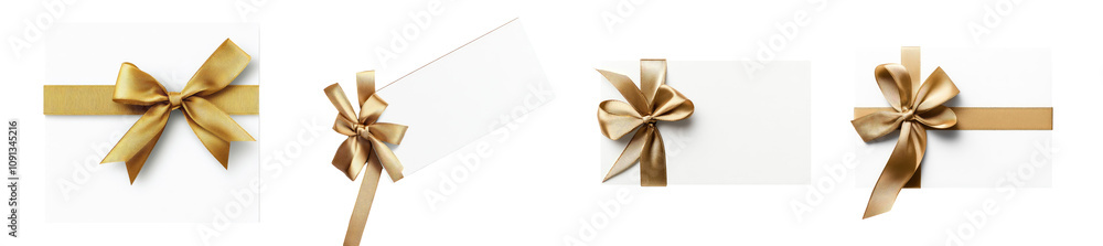 Fototapeta premium Empty blank gift voucher with golden ribbon and bow. Discount coupon mockup collection isolated on transparent background, PNG. Clipart template 