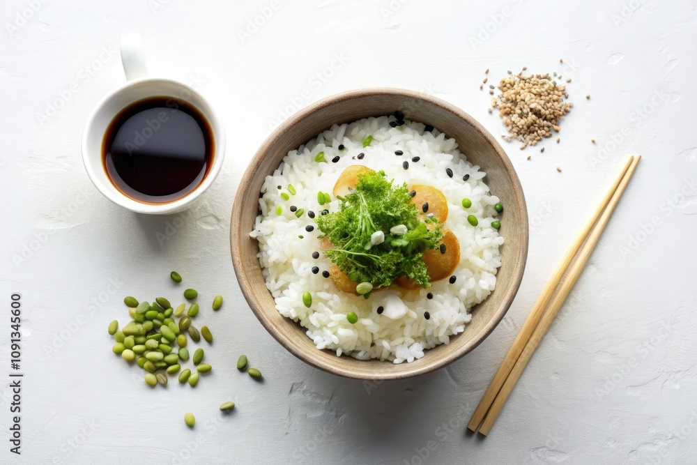 Minimalist Rice Bowl with Coffee and Seed Garnish on Elegant White Background - Aerial Photography for Food Styling and Healthy Eating Minimalist Rice Bowl with Coffee and Seed Garnish on Elegant White Background - Aerial Photography for Food Styling and Healthy Eating