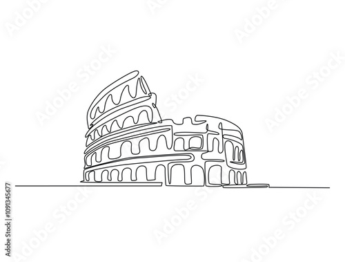 Continuous line art of Colosseum amphitheater landmark - Rome. Single line drawing with active stroke.
