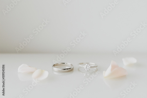 Elegant White Gold Wedding Rings with Rose Petals on White Surface