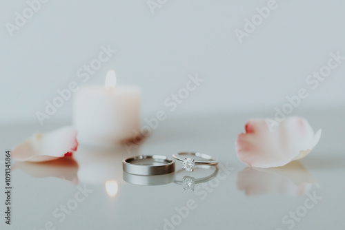 Elegant White Gold Wedding Rings with Rose Petals on White Surface