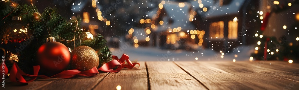 Fototapeta premium A festive podium with rich wooden textures, adorned with green pine boughs, red ribbons, and golden ornaments. The wintery scene behind features a snow-covered village with glowing lights, offering