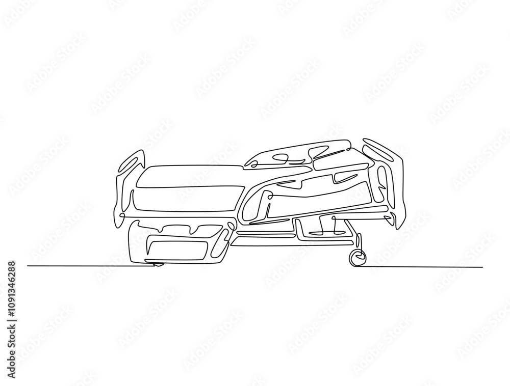 Obraz premium Continuous line drawing art of hospital bed unit. Hospital room interior in single line draw with active stroke.