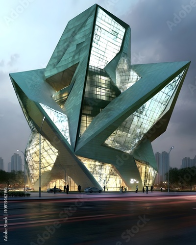 A striking, modern architectural structure with a geometric design and glass facade.