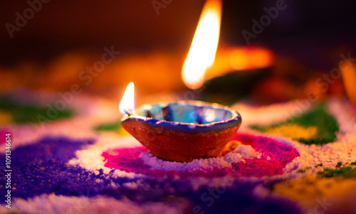 A vibrant clay diya glowing amidst colourful rangoli patterns, symbolizing light, hope, and celebration. Used in religious ceremonies, decorations, and as a symbol of positivity and enlightenment. photo