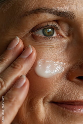 lose-Up of Mature Woman Applying Cream to Her Skin with Fingers