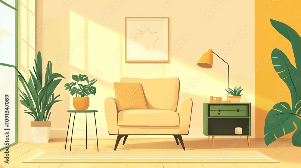Fototapeta premium Cozy yellow living room with beige furniture, chic armchair, green coffee table, plants, and personal touches. Perfect for home decor inspiration or as a template for your own designs.