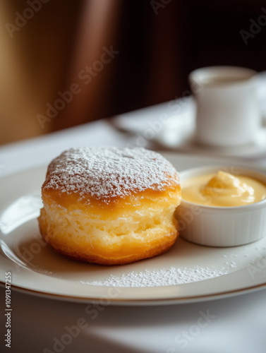 Delicious powdered sugar biscuit with cream on elegant table setting photo