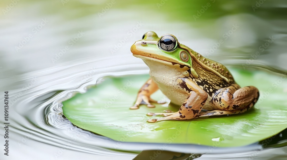 Obraz premium A green frog sits on a lily pad in calm water.