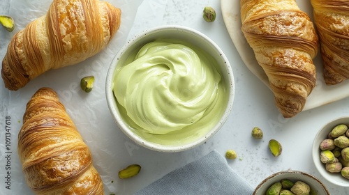 A Bowl of a delicious Pistachio Cream surrounded by Croissants and whole Pistachios. Perfect for Dessert and Breakfast themed menug suggestions. Trend Dessert.