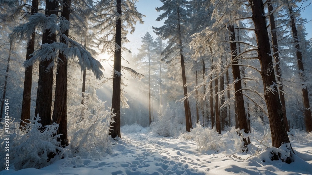 Fototapeta premium A Beautiful Natural Forest with Snow