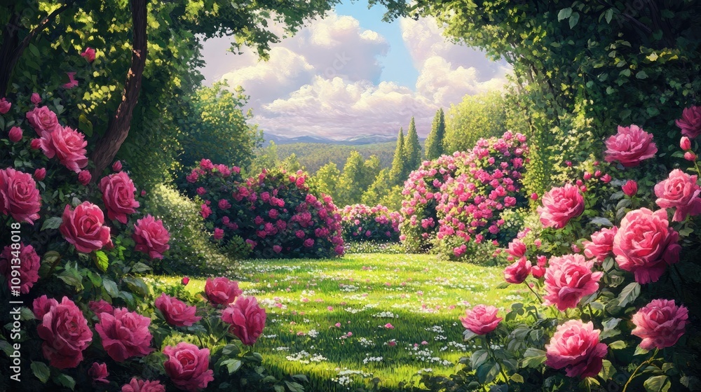 Obraz premium Lush garden filled with vibrant pink roses and peonies blooming under a blue sky with fluffy clouds, surrounded by greenery.