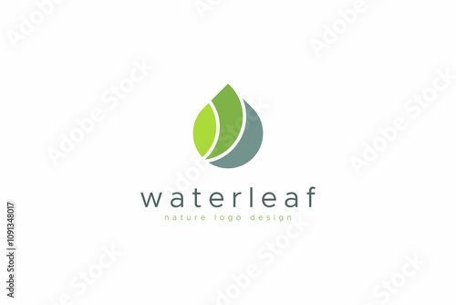 Leaf And Water Logo Image. Green Leaf Combined With Waterdrop Isolated On White Background. Flat Vector Logo Design Template Element Usable For Nature And Environment Logos.
