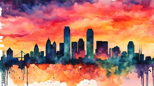 The dallas skyline in silhouette framed by a watercolor inspired sunset of bold swirling colors, Ai Generated