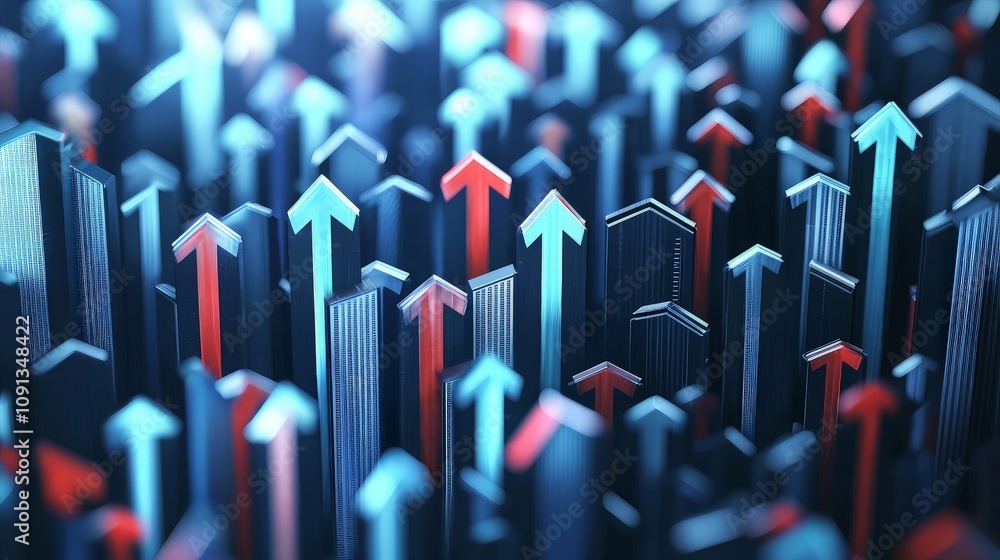 Obraz premium Abstract 3D rendering of upward trending arrows representing growth and progress.