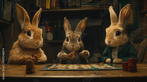 Three charming rabbits playing a board game in a cozy, whimsical setting filled with books and warmth.