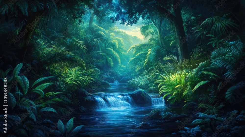 Naklejka premium Tranquil stream winding through vibrant tropical foliage in a serene forest, with dappled sunlight filtering through dense greenery.