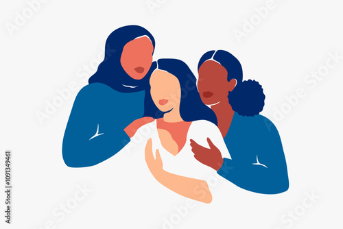 Women support woman with postnatal depression. Community cares and helps young mother with baby blues. Sisterhood protect from domestic violence females postpartum. Vector illustration.