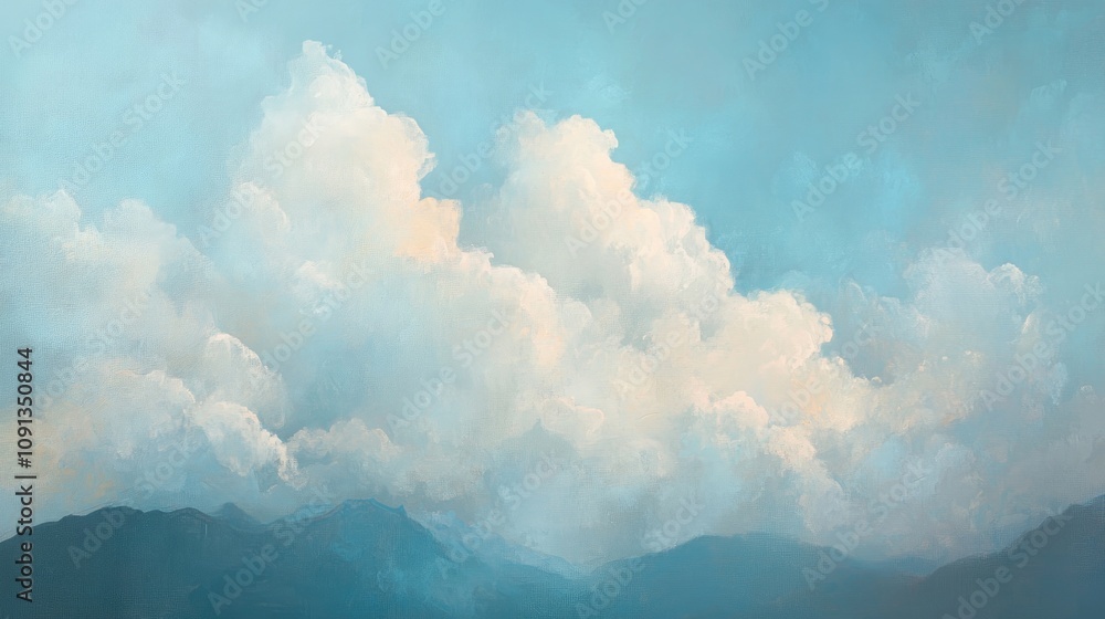 Fototapeta premium Dreamy soft blue clouds float above serene mountains, creating a tranquil and textured ambiance in the sky.