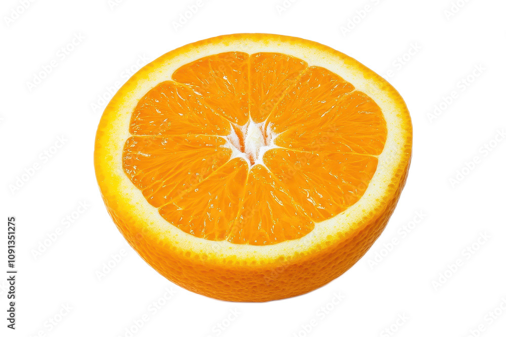 Fototapeta premium Freshly Squeezed Half Orange with Juice Dripping, Perfect for Illustrating Citrus Freshness, Refreshing Summer Vibes, or Healthy Lifestyle Themes