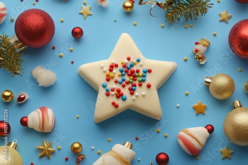 Festive Star-Shaped Dessert with Christmas Decorations - Star-shaped dessert, Christmas ornaments, sprinkles, festive, holiday treat.  Sweet Christmas bakery. photo