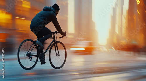 Man Riding Bicycle in Urban Setting with Morning Light