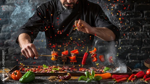 The chef seasons kebab with spices. Culinary action with colorful spices flying photo