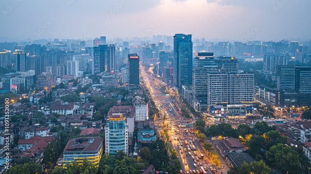 Naklejka premium Elevated twilight view of a sprawling city, showcasing a busy highway cutting through a mix of modern and older buildings.