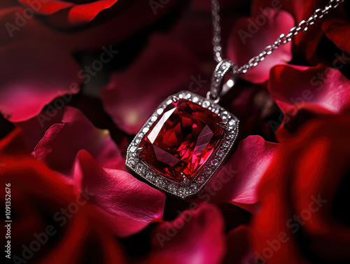 Elegant ruby necklace on dark red rose petals: luxury, romance, and gemstone beauty photo