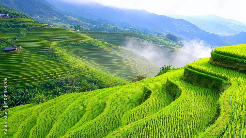 Fototapeta premium Lush green rice terraces in misty mountains.